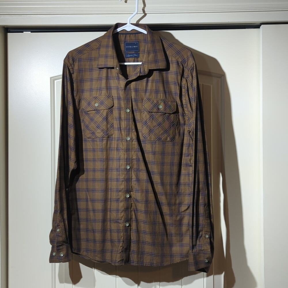 Stitch Note Brown Navy Plaid 100% Egyptian Cotton Button Up Casual Shirt Sz M